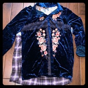Velvet front blouse ,scarf back stitched flowers .